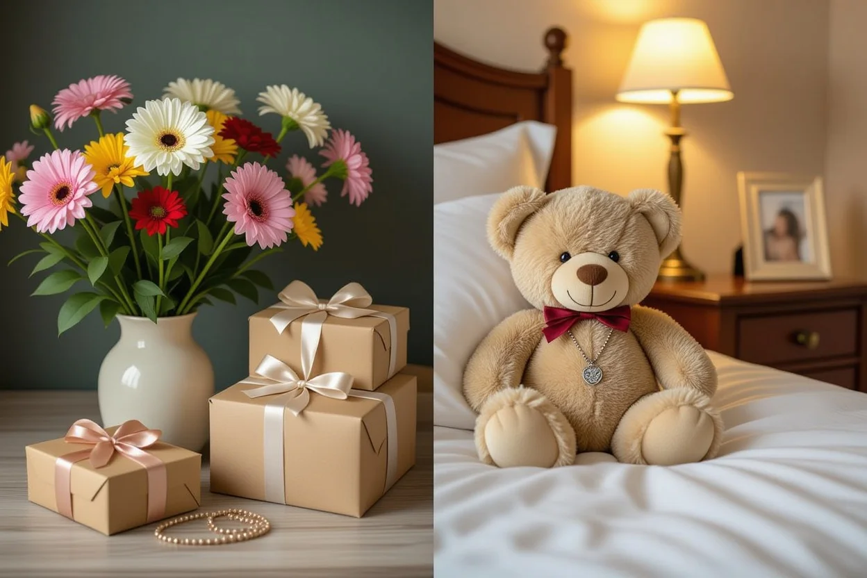 Comparison of temporary gifts versus lasting meaningful gifts like teddy bear with necklace