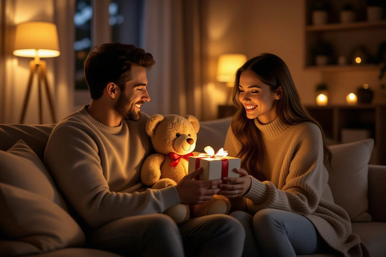Couple sharing intimate gift-giving moment with teddy bear, romantic relationship scene