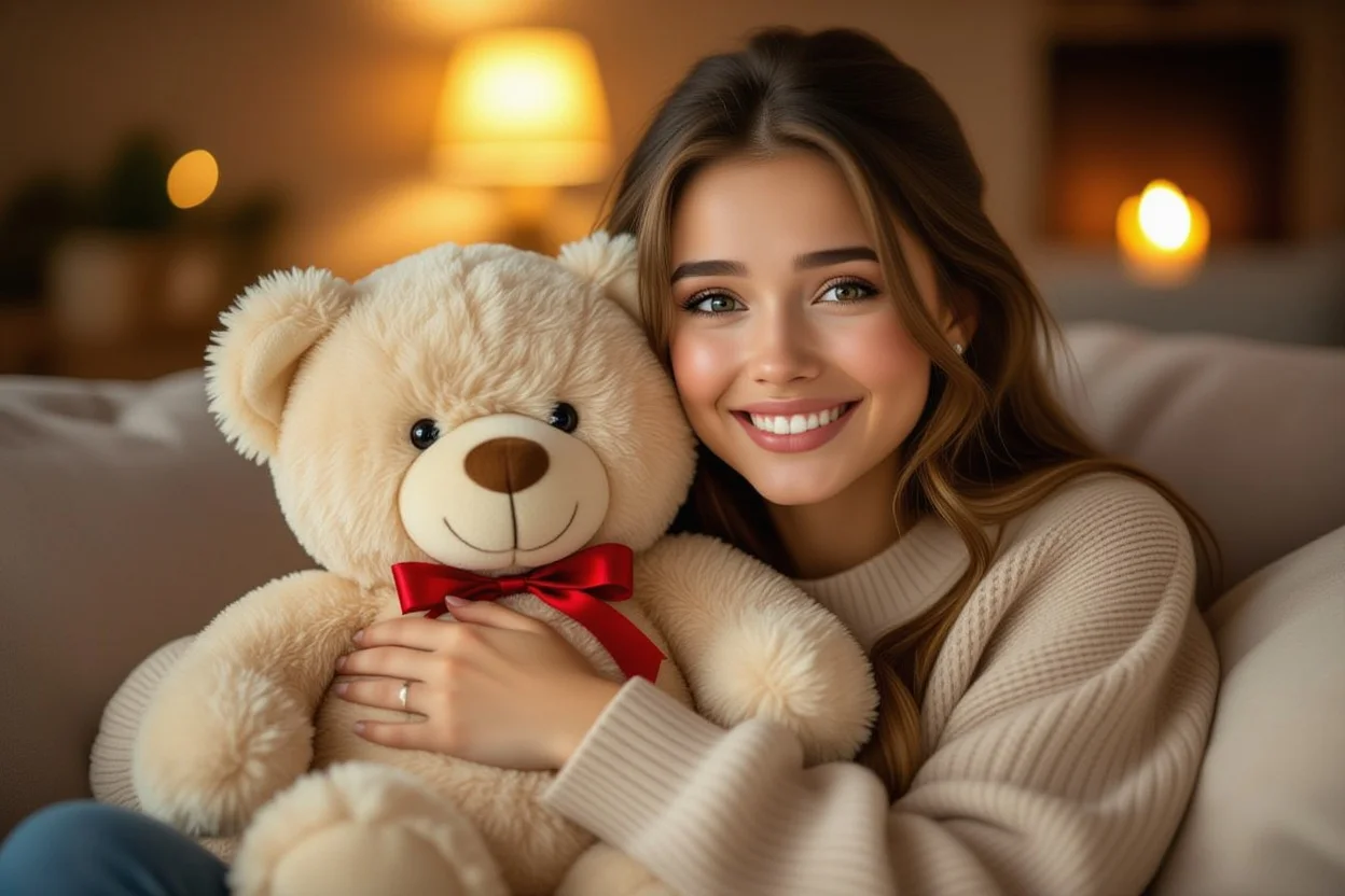 Woman crying happy tears while hugging surprise teddy bear gift