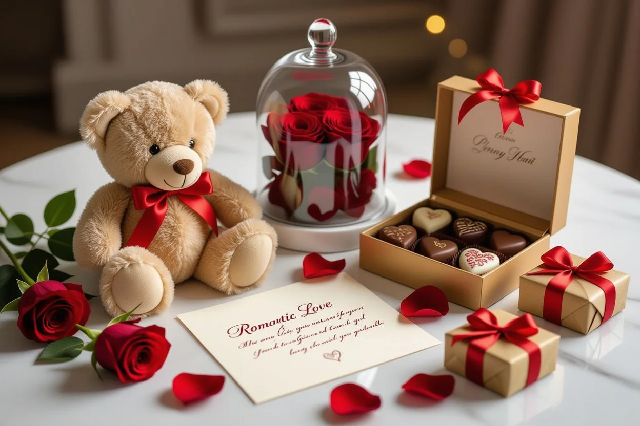 Romantic gift arrangement with teddy bear, preserved roses, and Valentine's Day presents