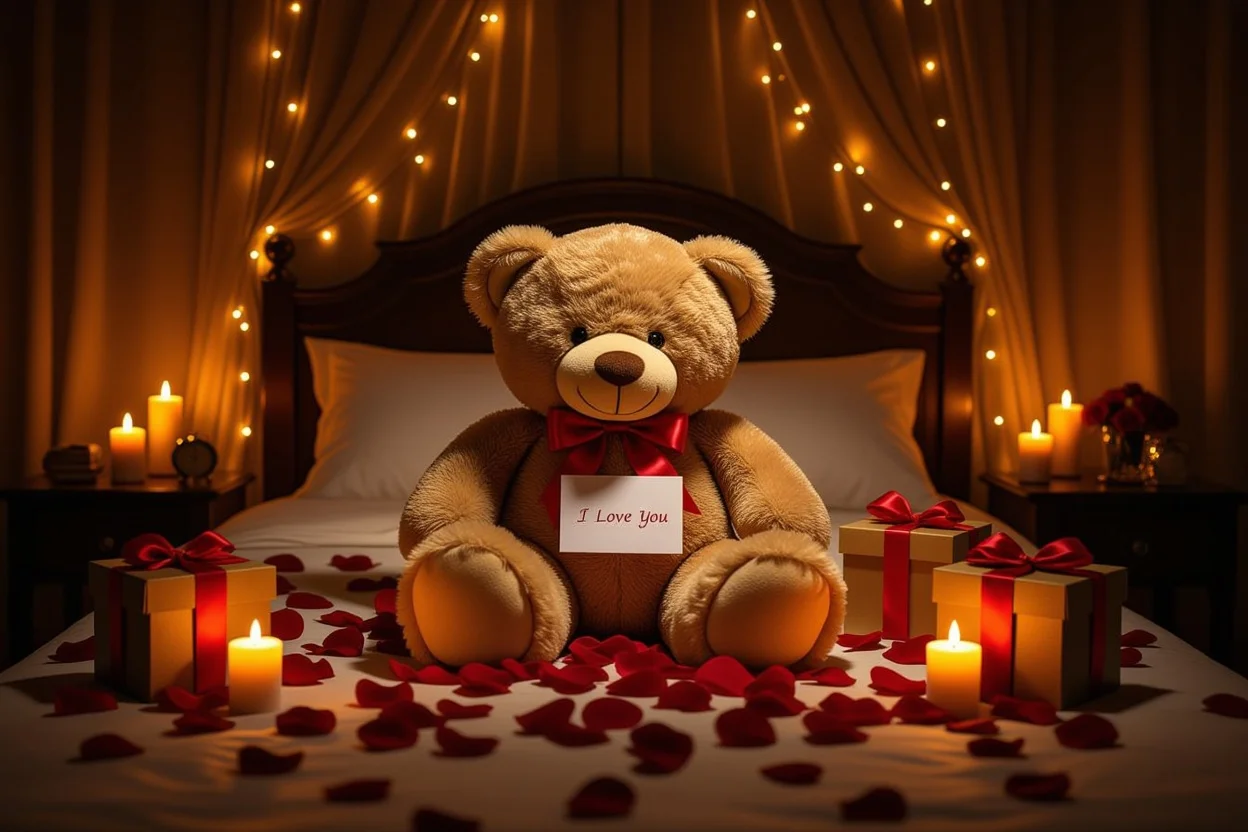 Romantic bedroom surprise setup with teddy bear, candles, and anniversary gifts