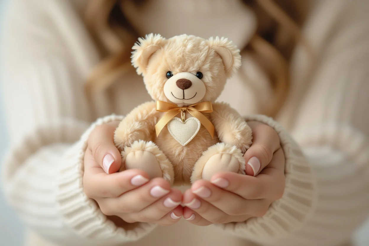 Hands holding small teddy bear gift with heart tag for romantic surprise