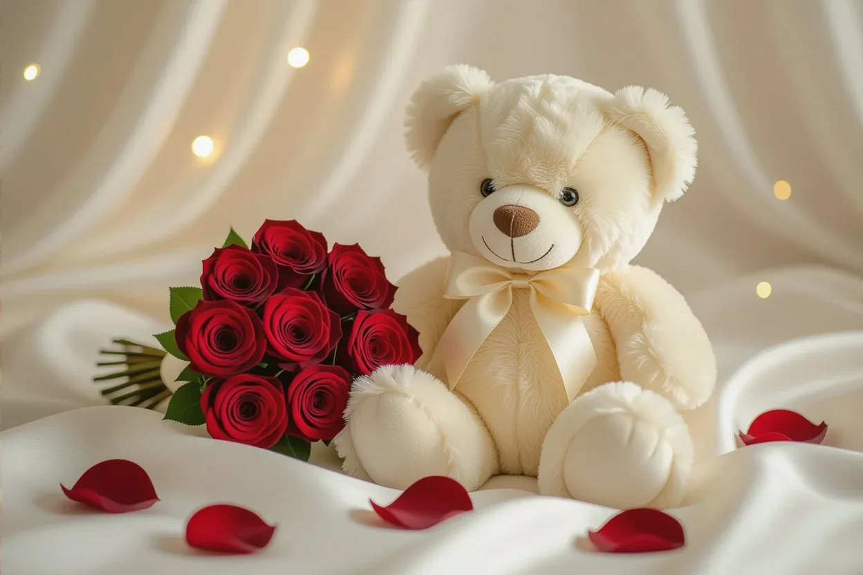 Luxury teddy bear with preserved red roses romantic gift for Valentine's Day and anniversaries