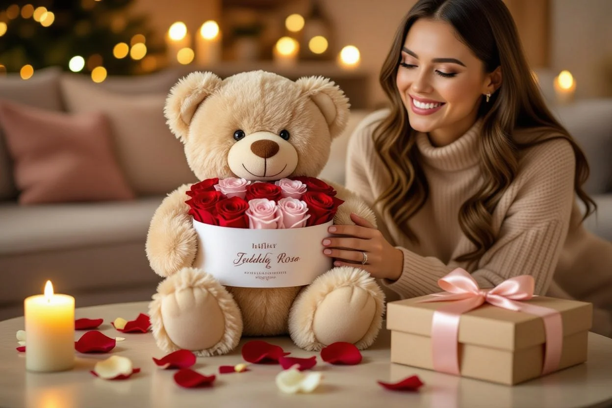 Woman receiving teddy bear with preserved roses as romantic surprise gift from partner