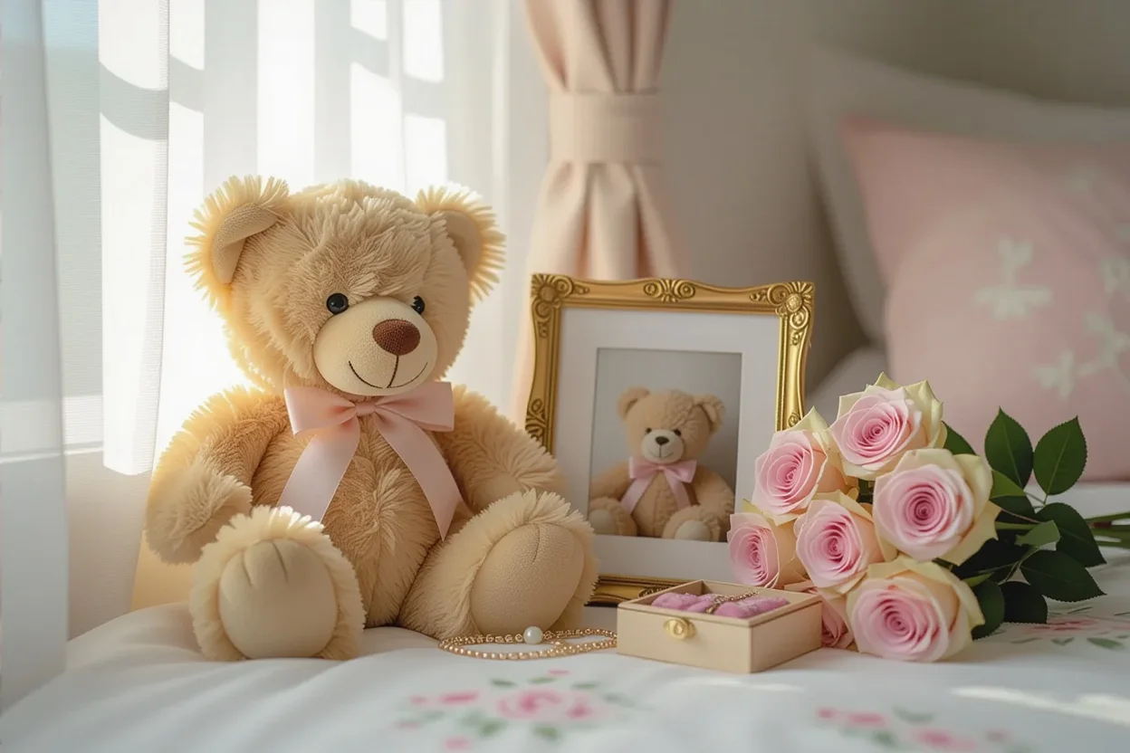 Preserved rose teddy bear on bedroom nightstand showing lasting romantic gift that endures over time