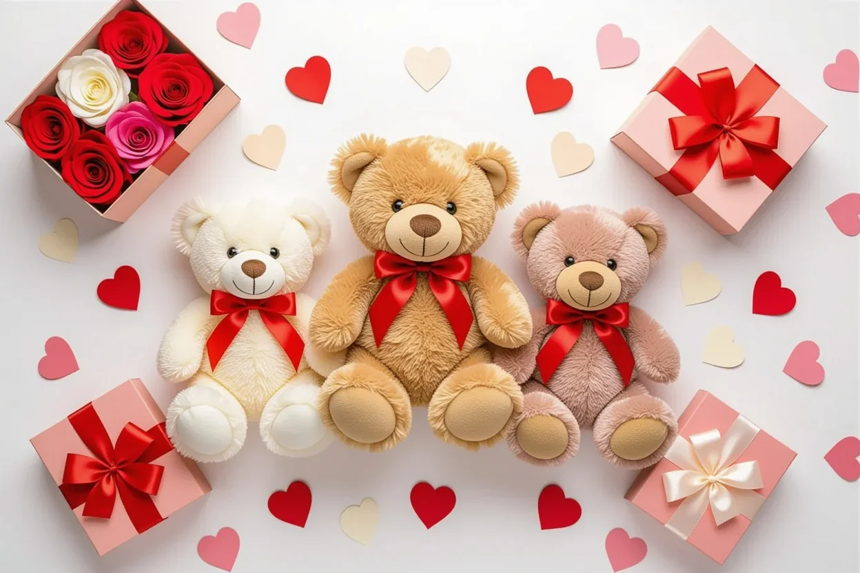 Valentine's Day gift collection featuring teddy bears with preserved roses in multiple colors and sizes