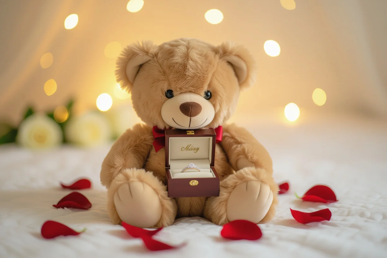 Teddy bear with hidden surprise compartment containing engagement ring - romantic gift idea