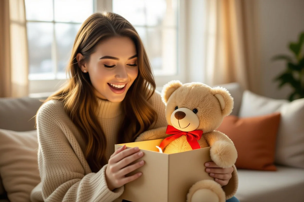 Woman opening teddy bear romantic gift with surprised expression - perfect gift moment