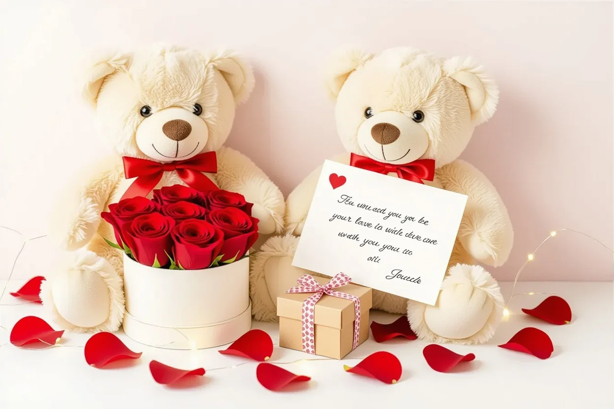 Romantic gift flat lay with teddy bear surprise compartment and preserved roses