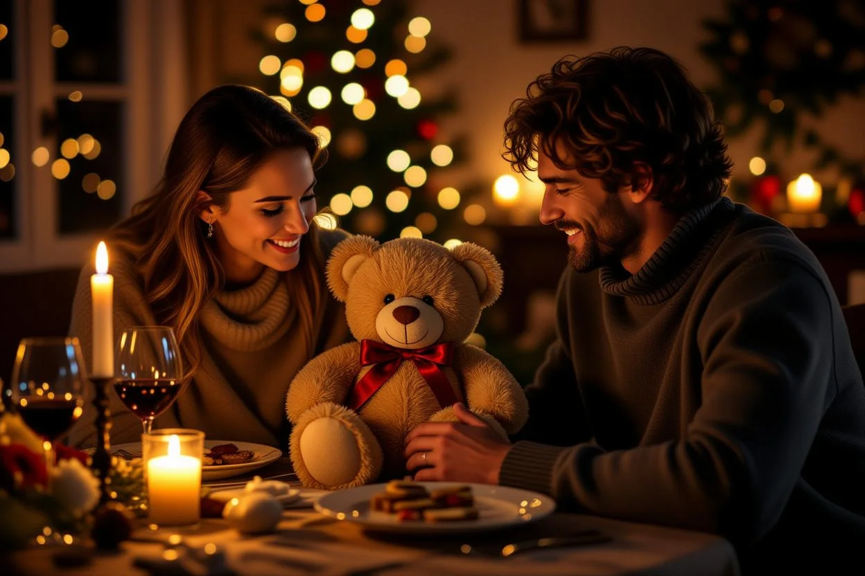 Couple sharing romantic teddy bear gift moment on birthday - ultimate romantic gesture