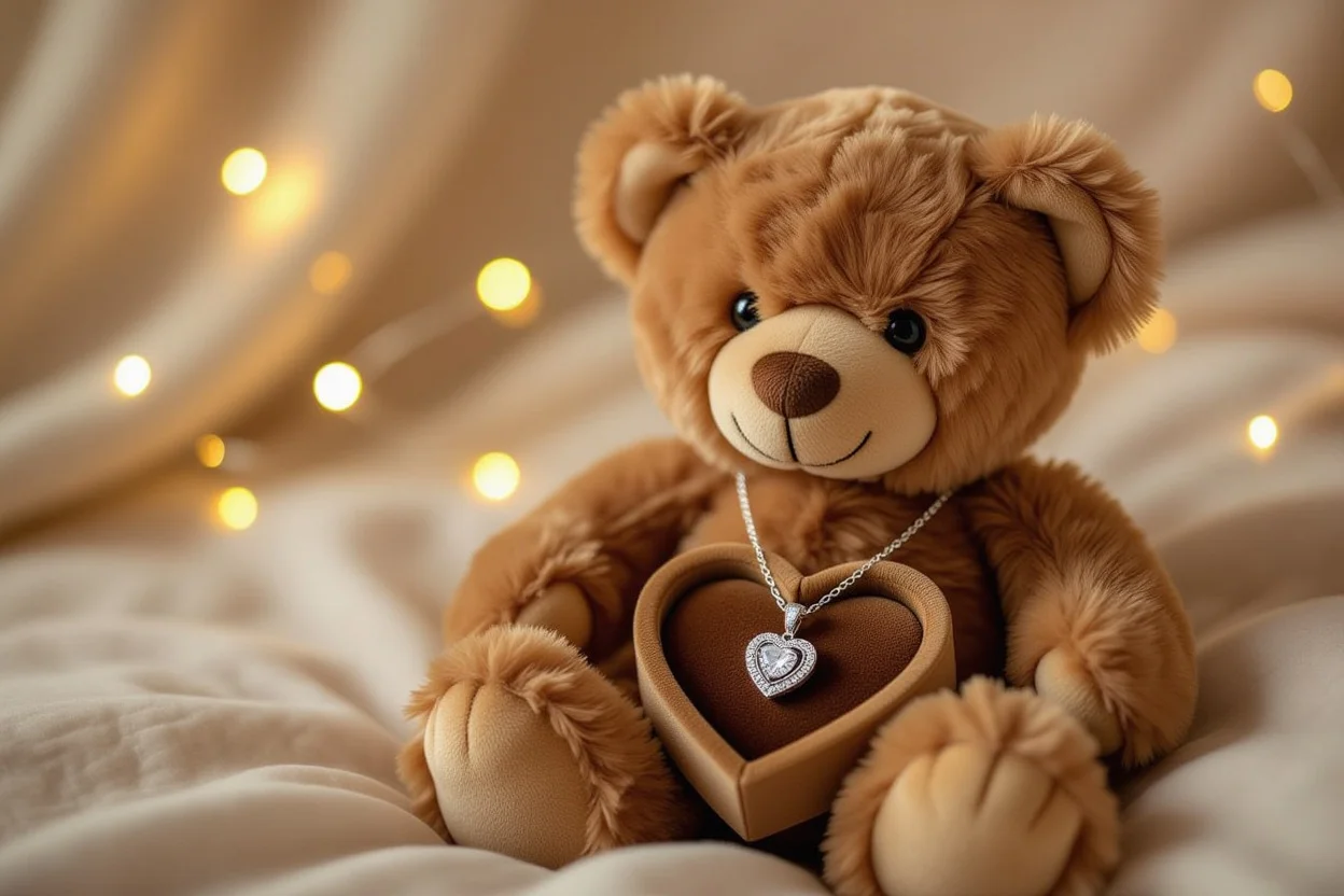 Teddy bear with hidden necklace compartment opened revealing diamond heart pendant necklace inside