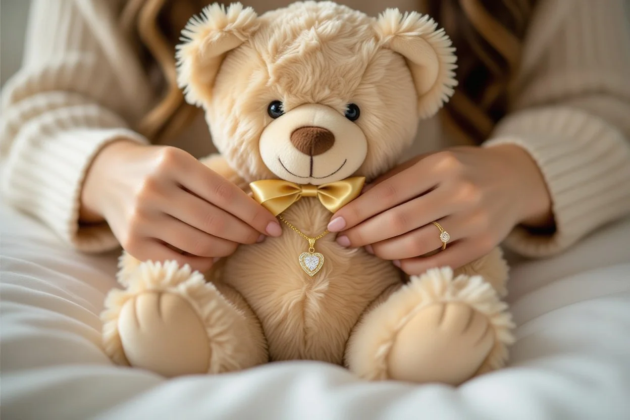 Woman's hands discovering hidden necklace inside teddy bear gift surprise reveal moment