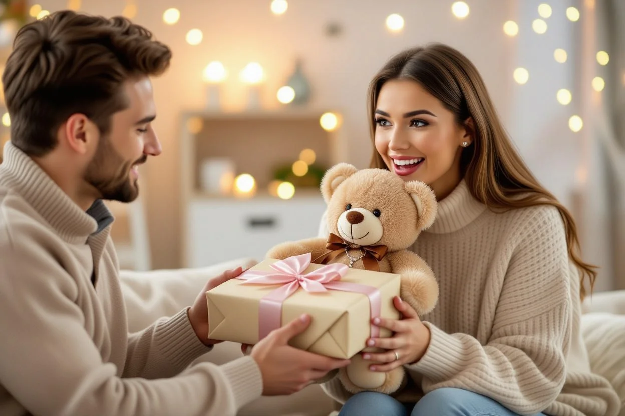 Romantic couple gift giving moment with teddy bear surprise present for girlfriend