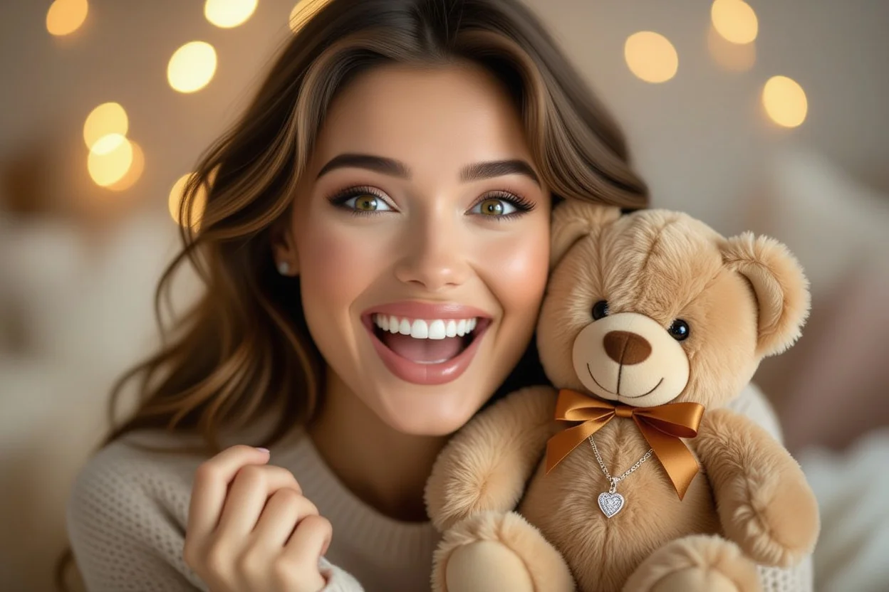 Woman's surprised and joyful reaction discovering hidden necklace gift inside teddy bear