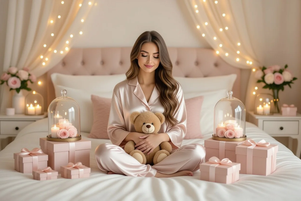 Woman enjoying self-love moment with teddy bear and romantic gifts in cozy bedroom setting