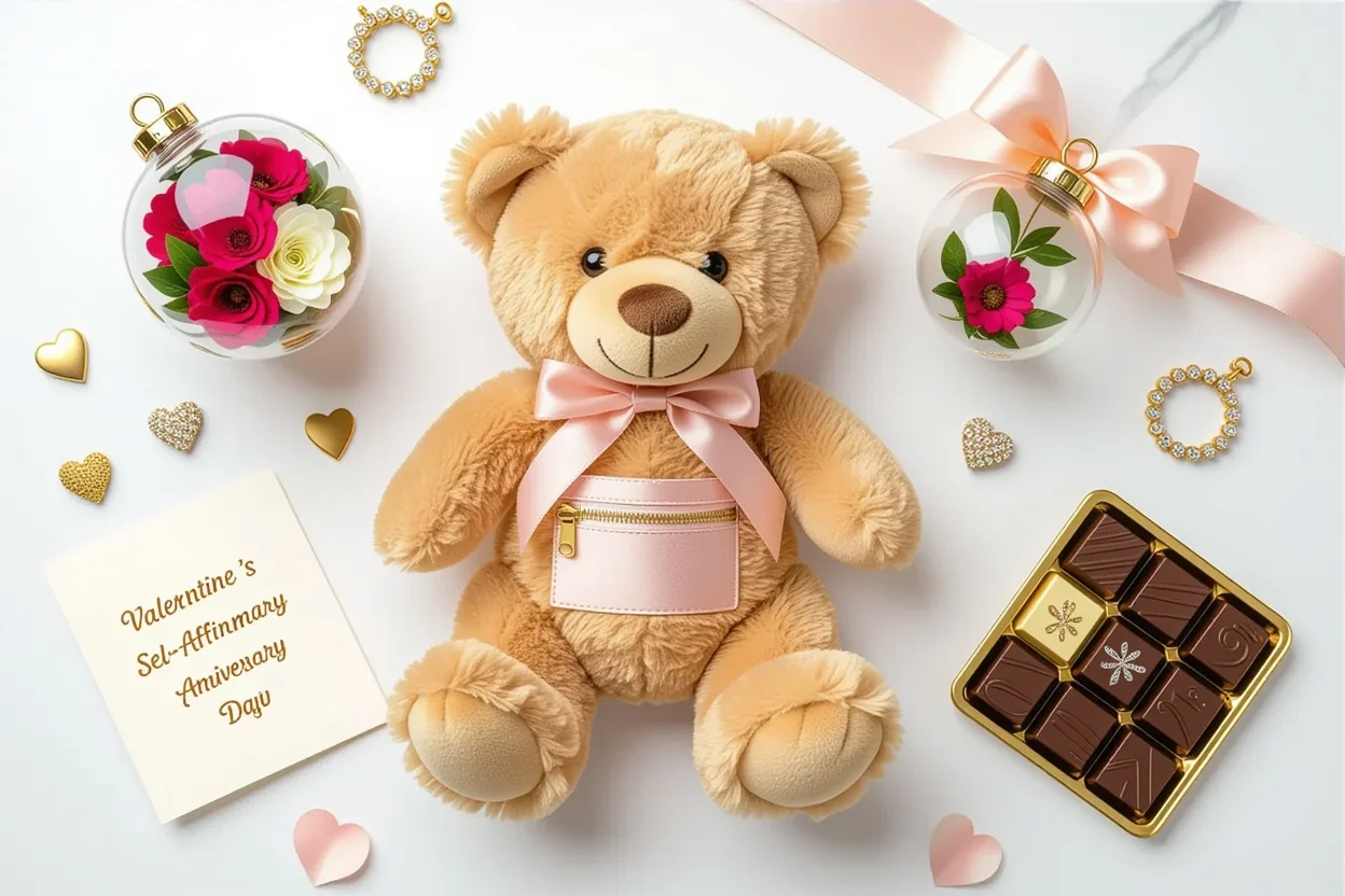 Flat lay of teddy bear surprise gift with preserved flowers and self-love Valentine's Day presents