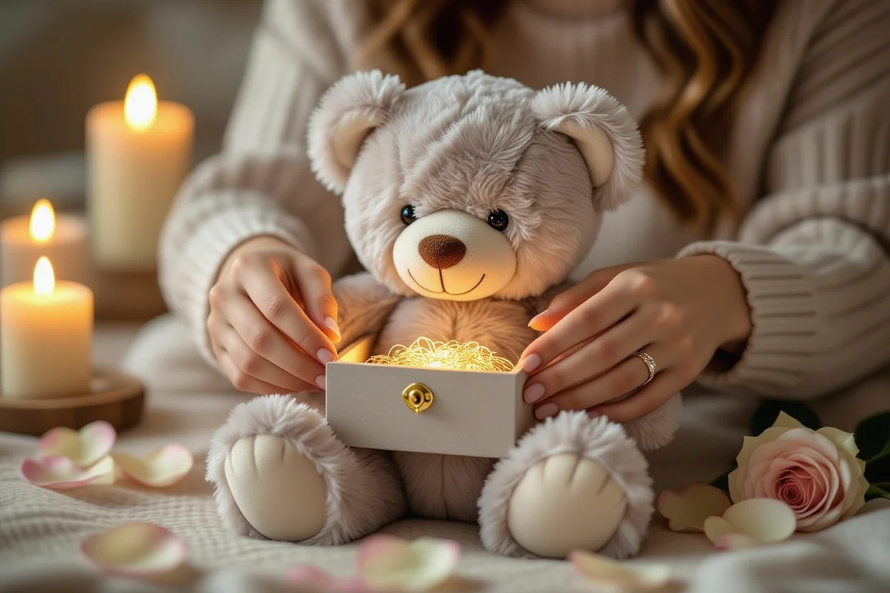Hands opening hidden surprise compartment in teddy bear representing self-discovery and inner sparkle