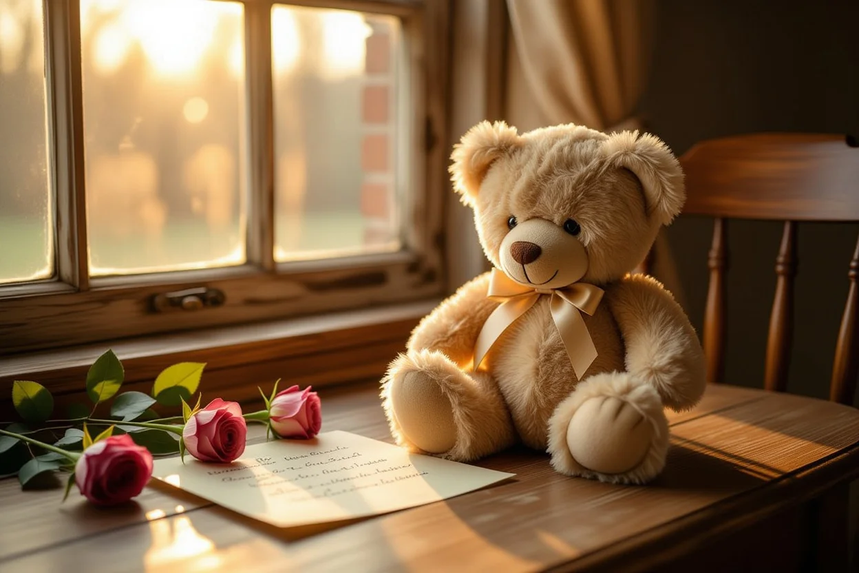 Romantic teddy bear gift with love letter and roses for Valentine's Day or anniversary