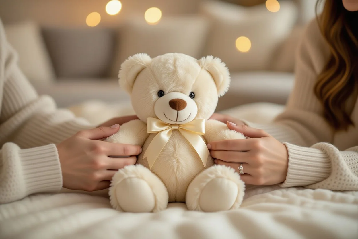 Couple sharing meaningful teddy bear gift showing love and cherished connection