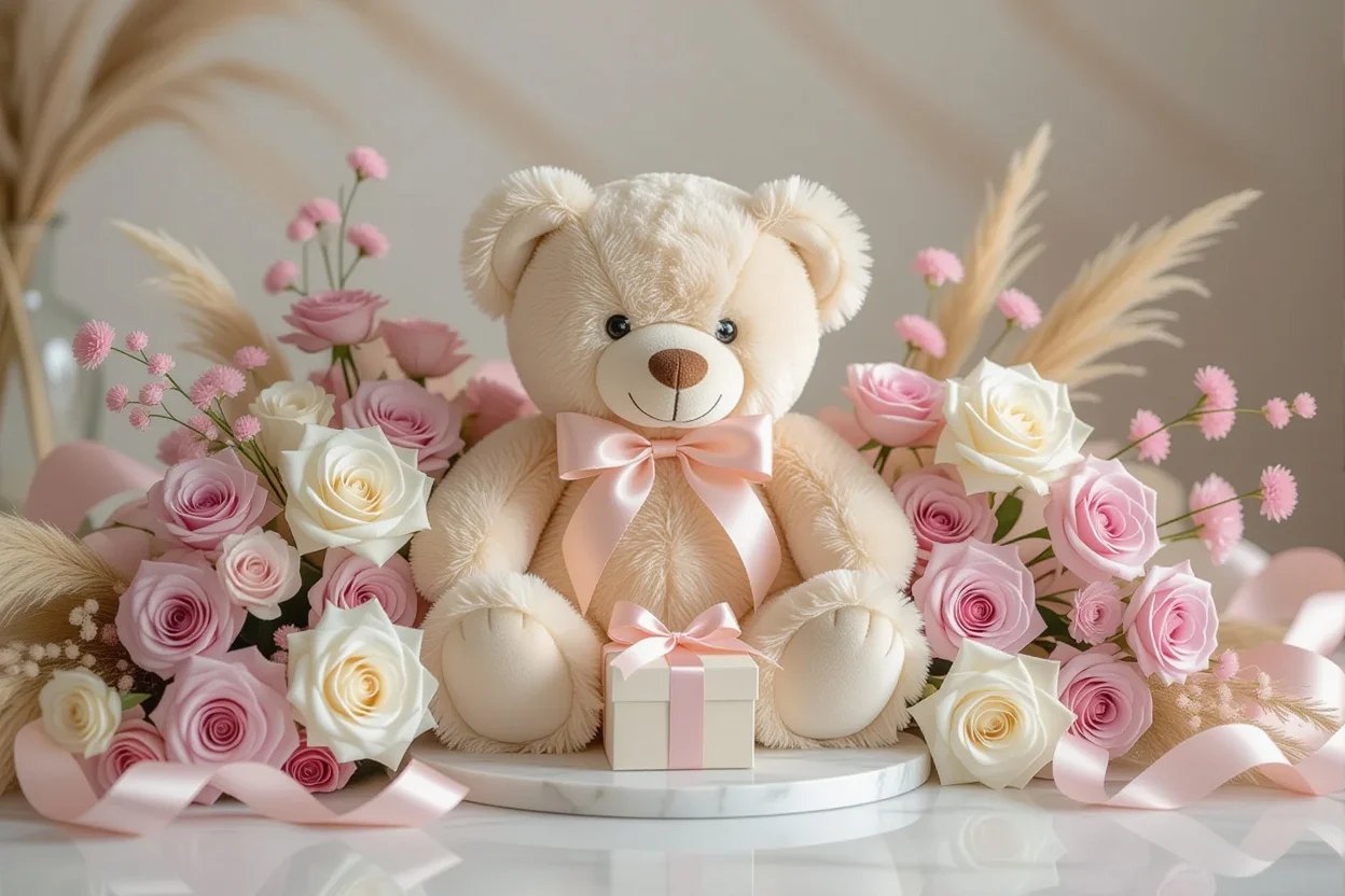 Luxurious teddy bear gift arrangement with preserved flowers for romantic occasions