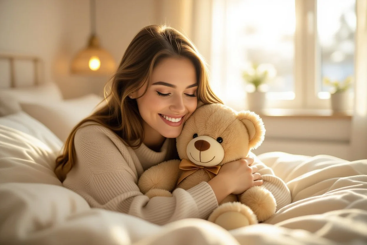 Woman embracing meaningful teddy bear gift showing emotional connection and comfort