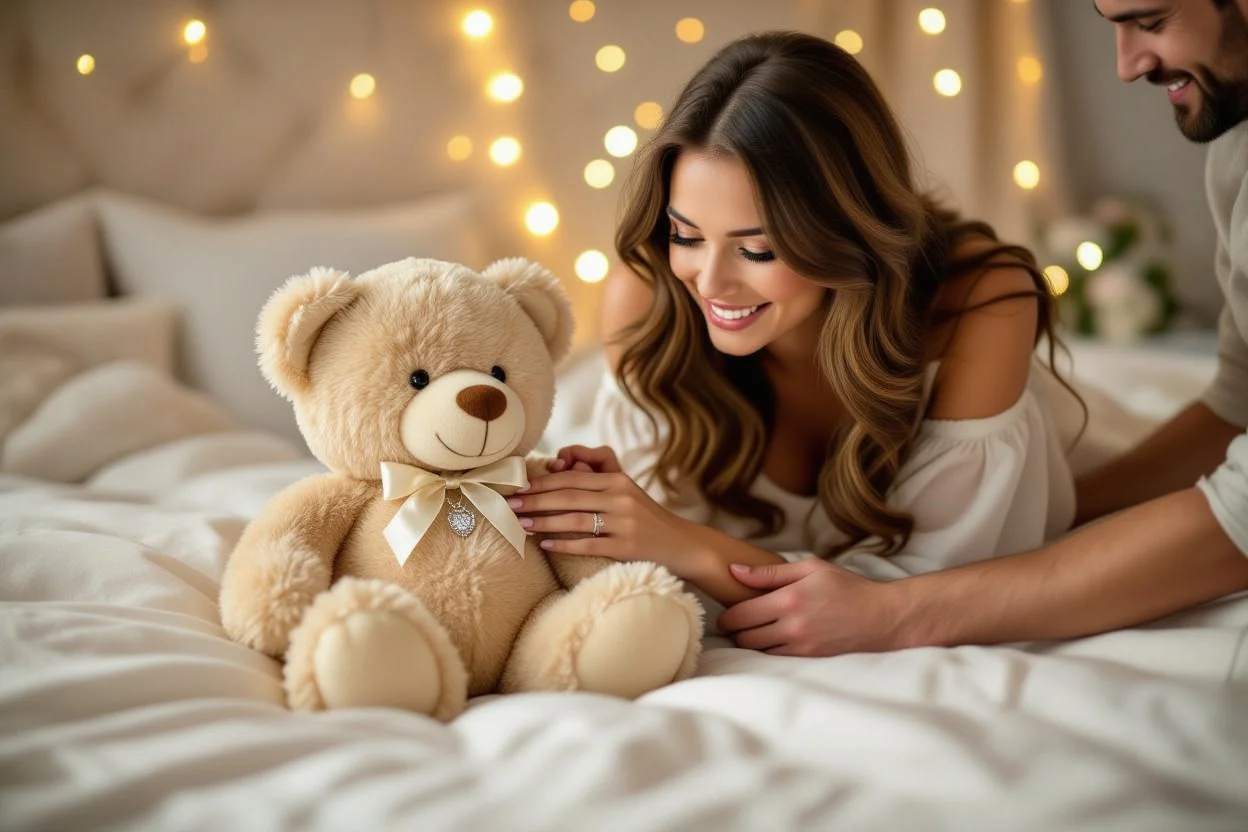Woman discovering hidden necklace surprise in romantic teddy bear gift