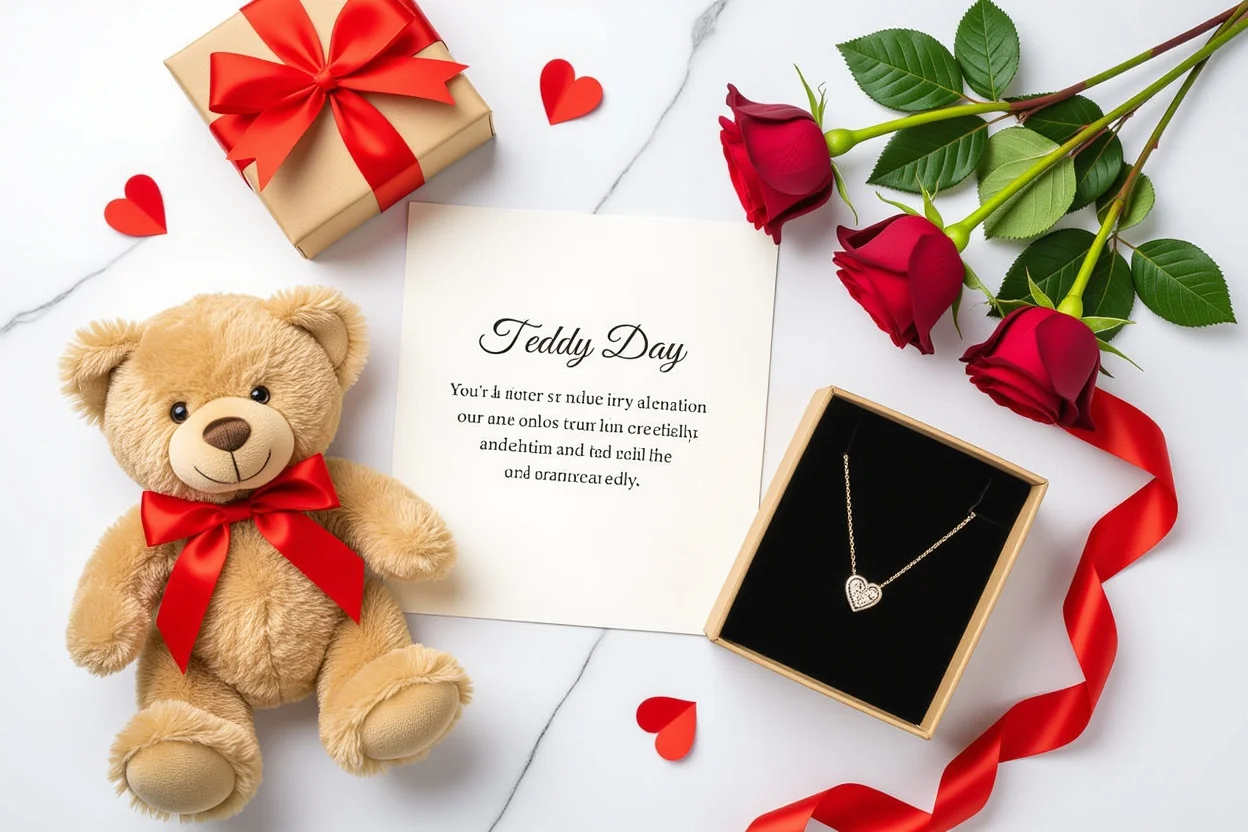 Romantic gift set with teddy bear hidden necklace Valentine's Day arrangement