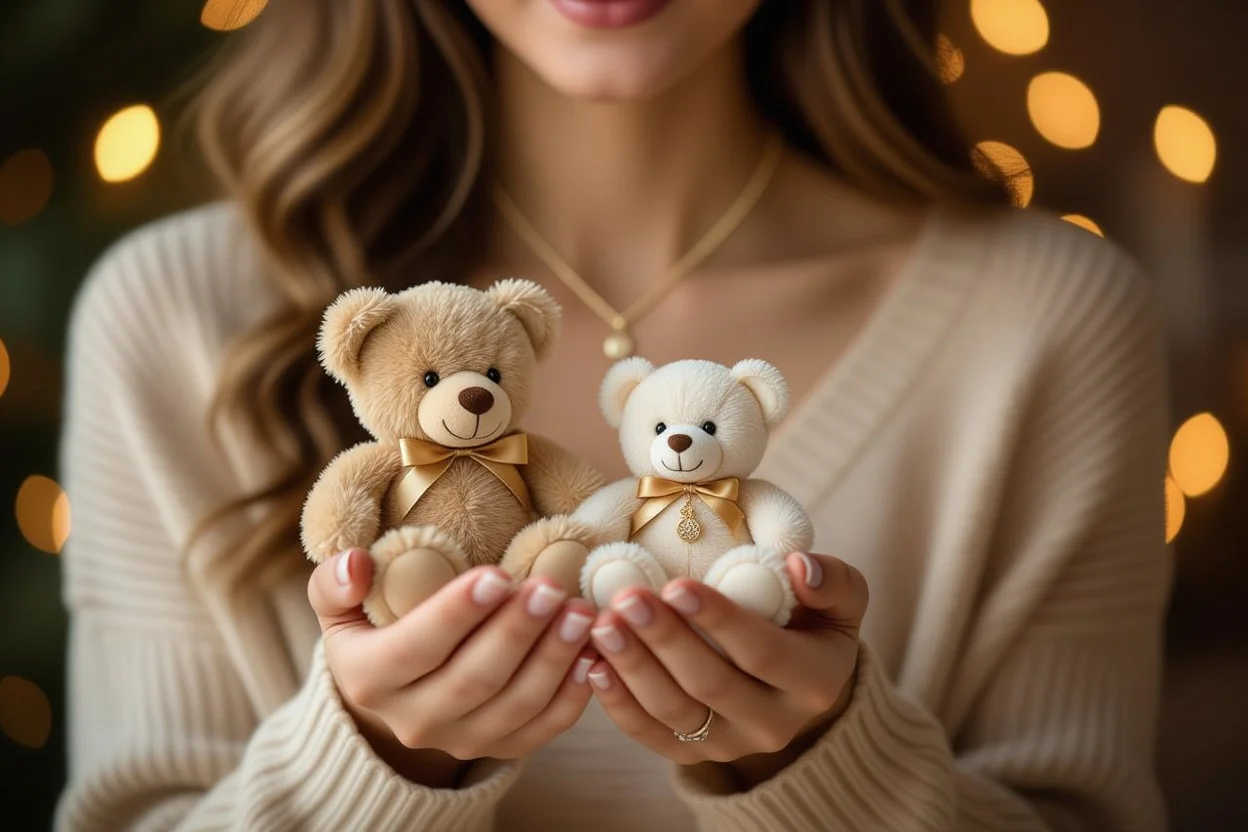 Close-up of hands holding teddy bear and hidden necklace romantic gift combo