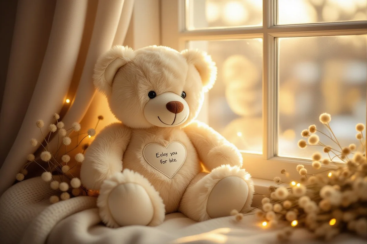 Cream teddy bear with hidden heart pocket containing friendship note on sunny windowsill