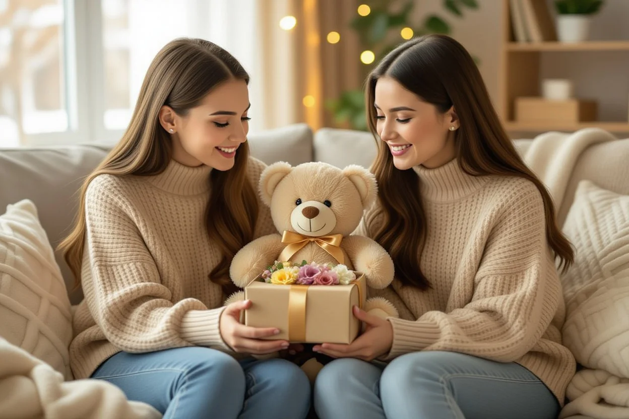 Friends exchanging meaningful teddy bear gift with hidden preserved flowers compartment