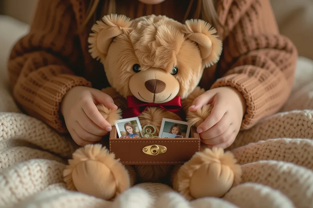 Hands discovering hidden compartment in brown teddy bear filled with friendship keepsakes