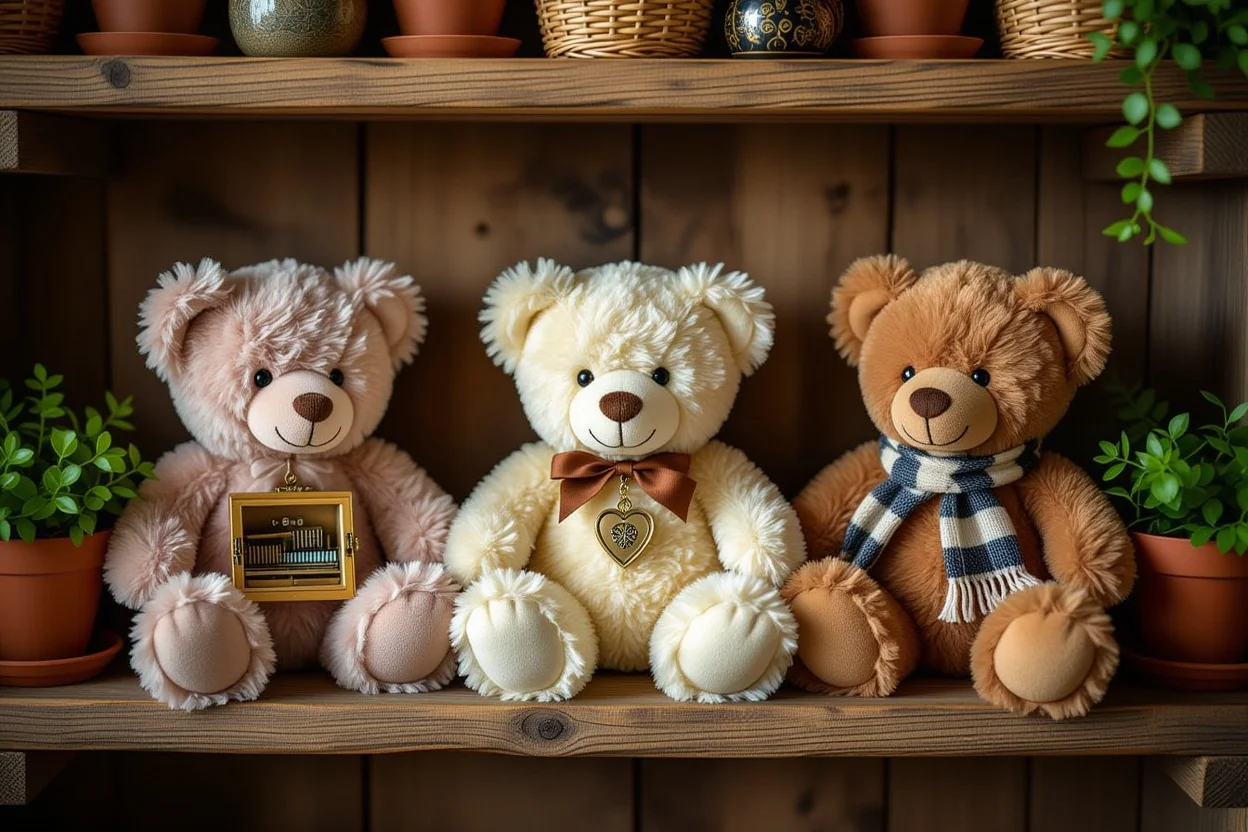 Collection of unique teddy bears with various hidden surprise features on wooden shelf