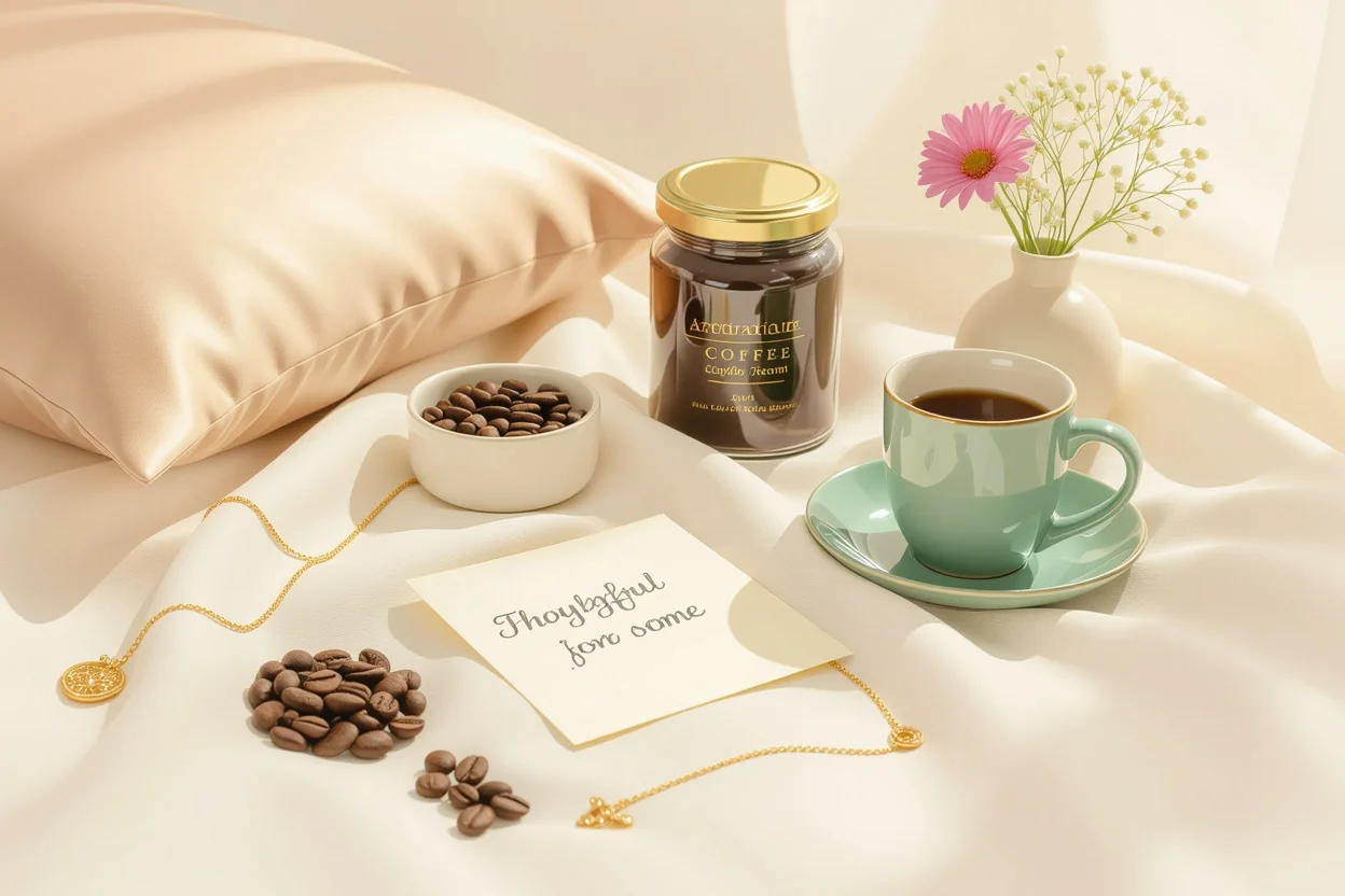 Collection of thoughtful daily gifts for women including silk pillowcase, coffee, jewelry and flowers arranged on cream background