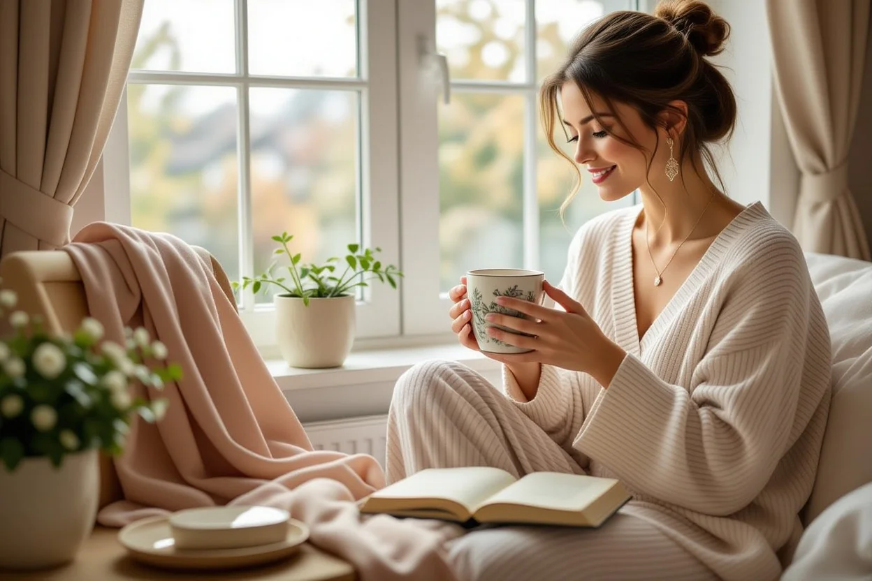 Woman enjoying her morning routine with thoughtful romantic gifts integrated into daily life