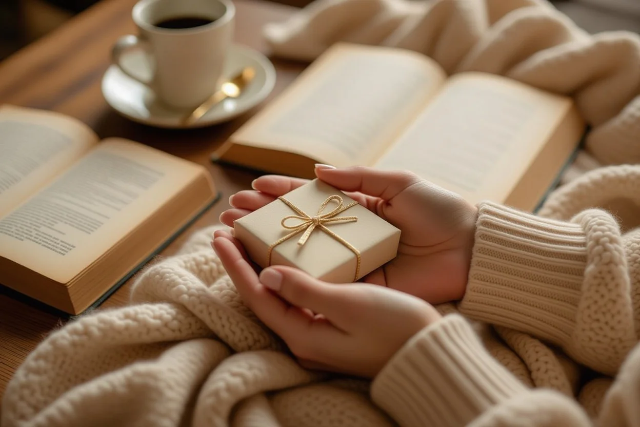Close-up of hands holding a meaningful daily gift with cozy lifestyle elements in soft lighting
