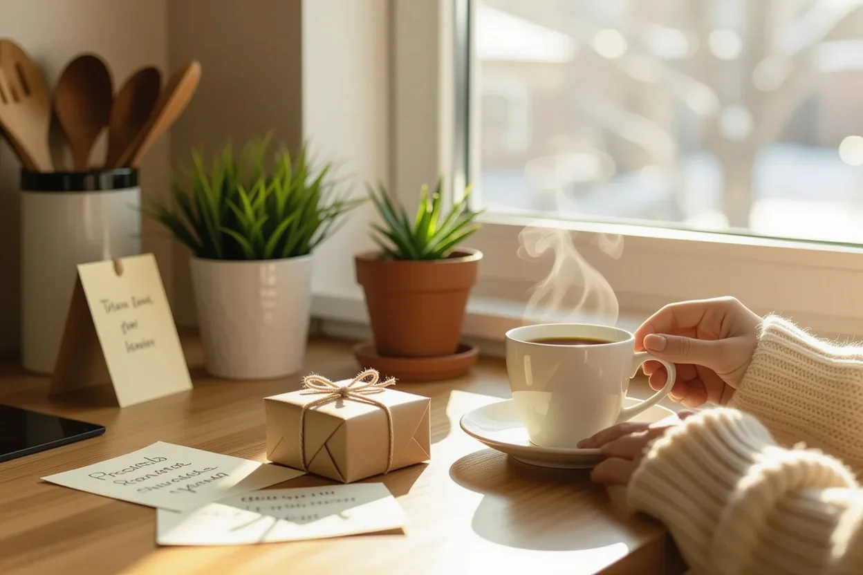 Small thoughtful gift next to coffee cup on kitchen counter representing everyday acts of love and care