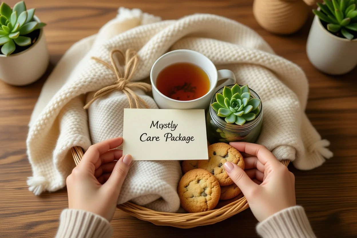 Hands arranging thoughtful care package with tea, blanket, and personal items for everyday joy and comfort