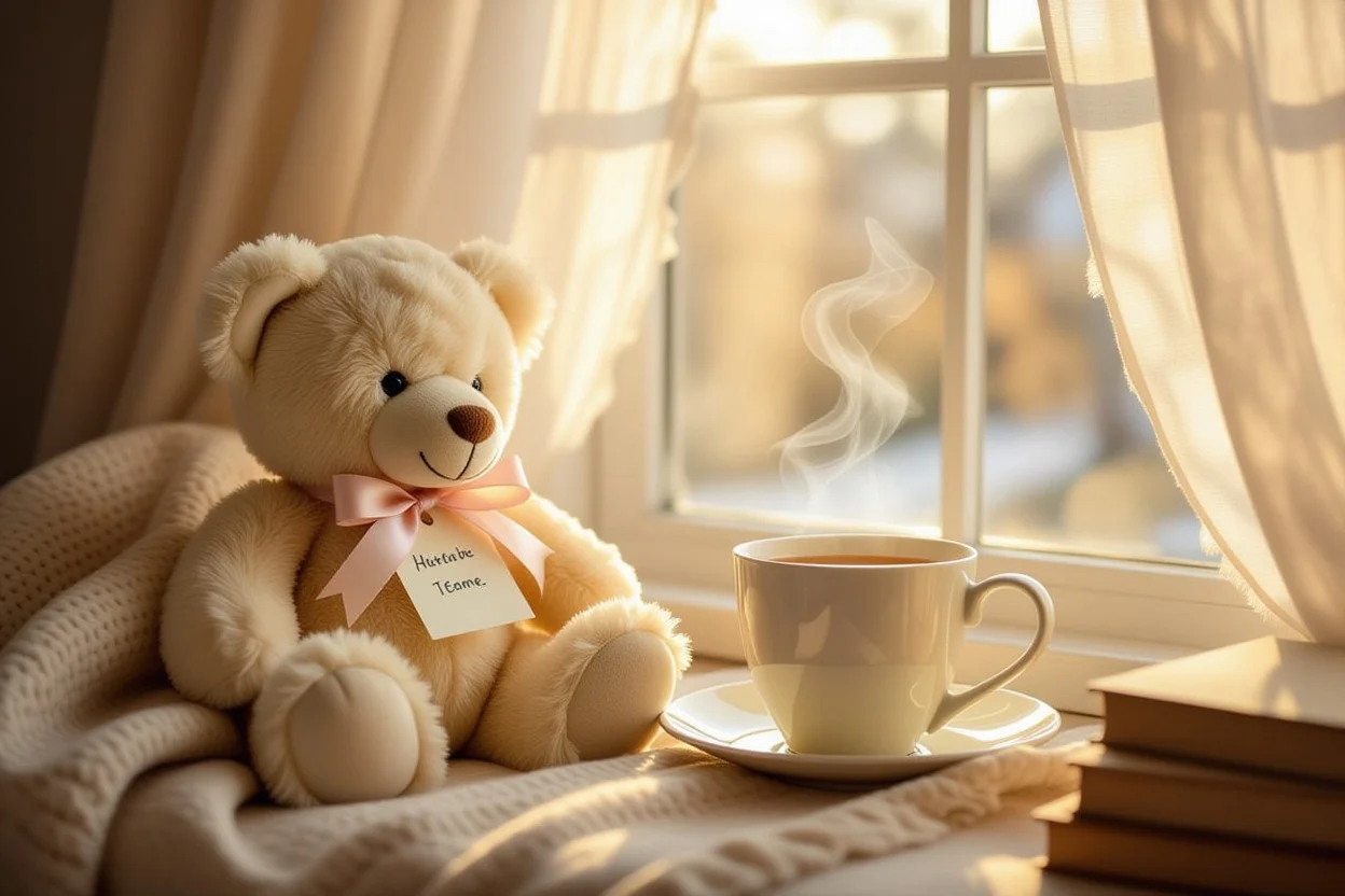 Thoughtful teddy bear gift with handwritten note on sunny windowsill for everyday comfort