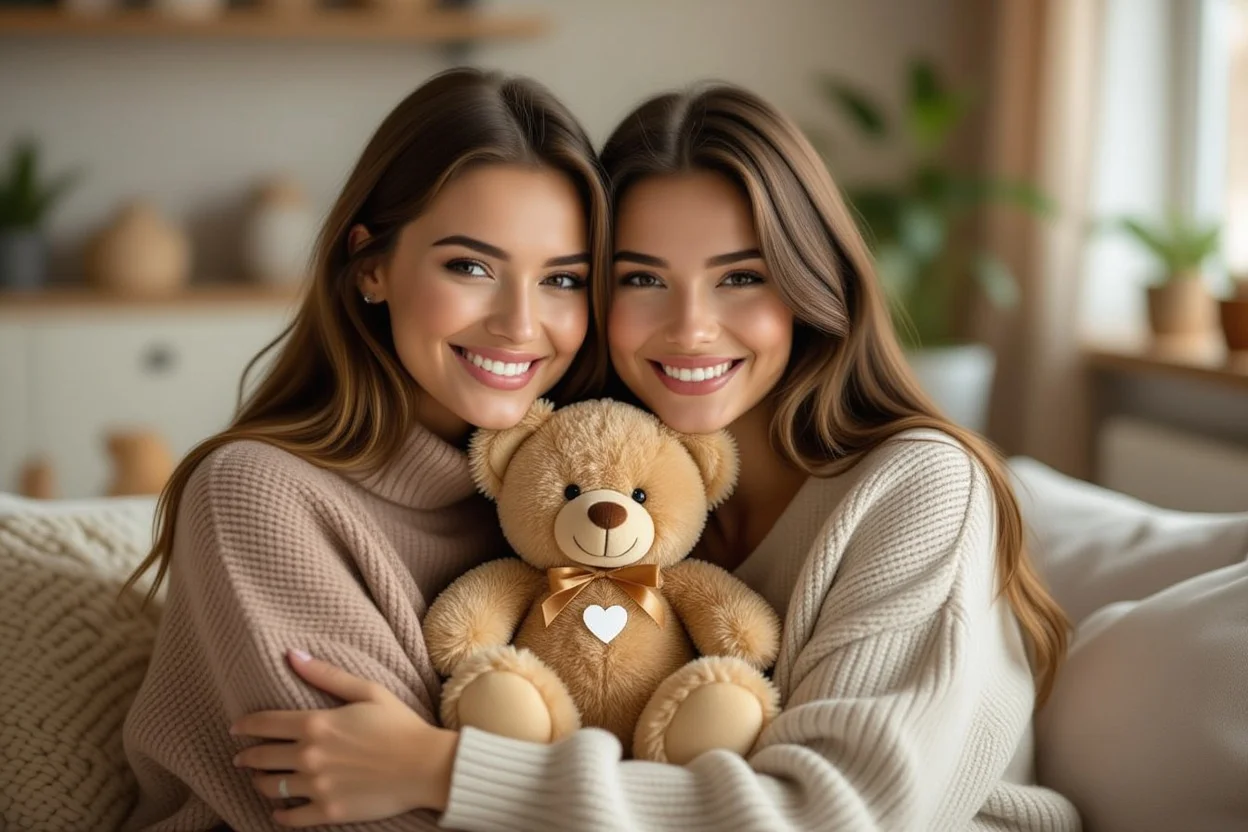 Best friends sharing moment with cute teddy bear gift showing friendship and emotional support
