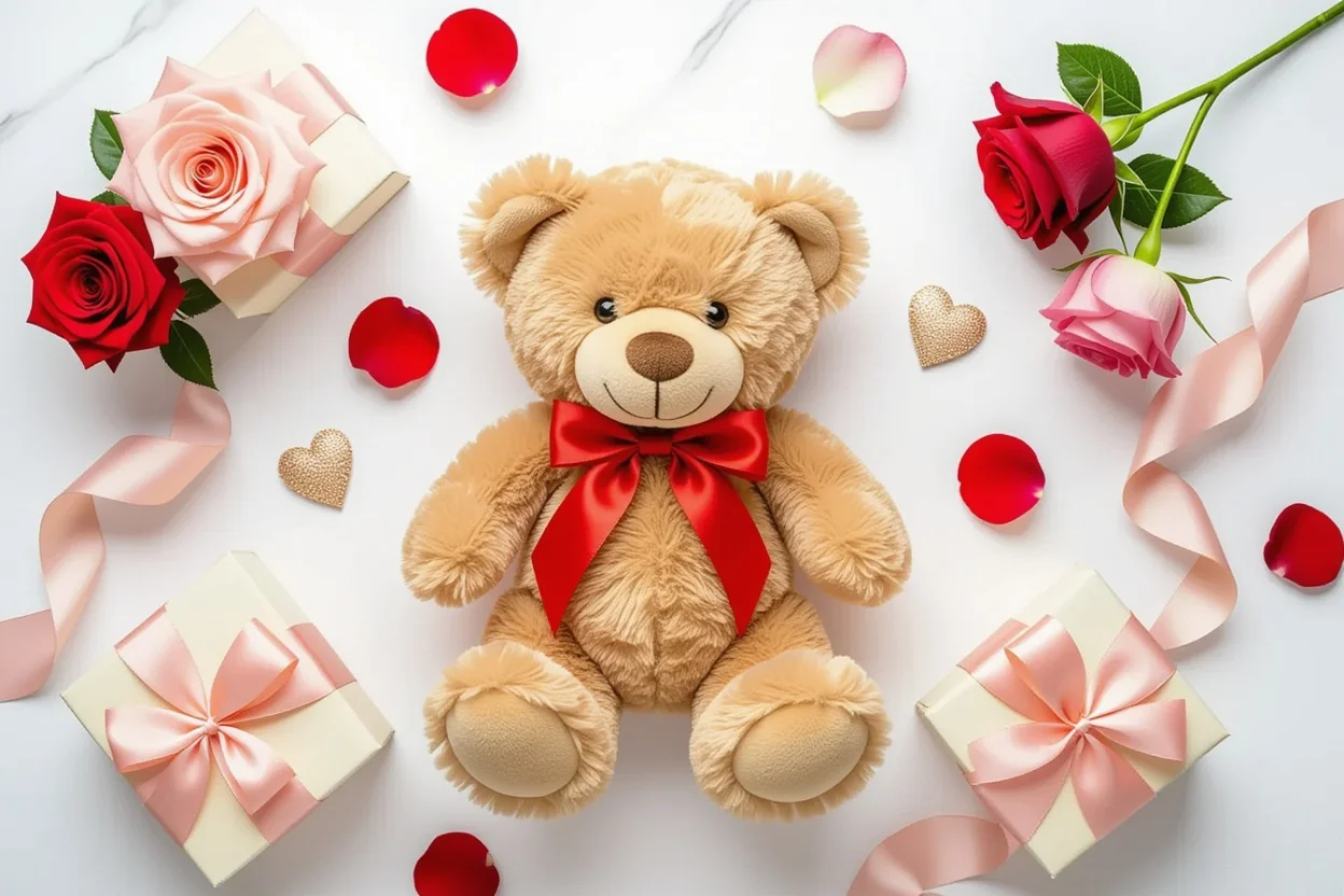 Romantic Valentine's Day teddy bear gift arrangement with roses and preserved flowers