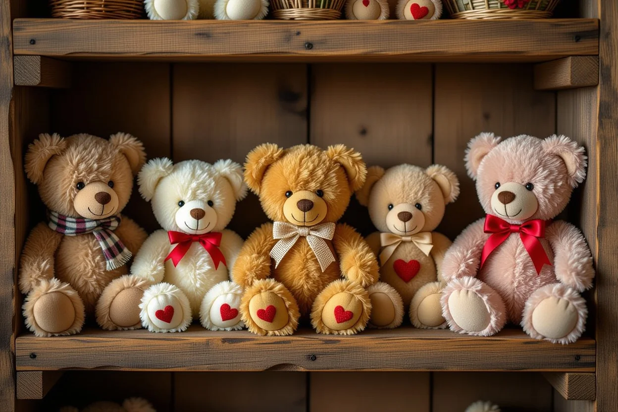 Collection of memory teddy bears on wooden shelf representing lasting friendships and family bonds