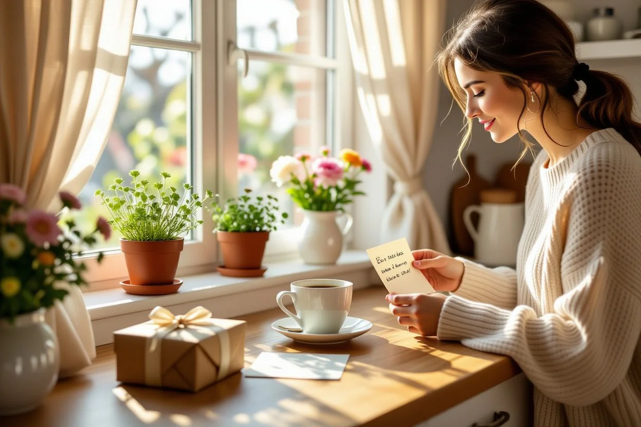 Woman finding thoughtful everyday gift and love note with morning coffee in cozy kitchen setting