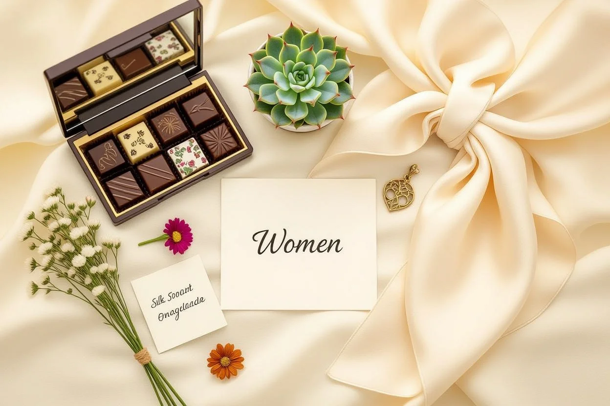 Curated collection of thoughtful everyday gifts for her arranged in elegant flat lay style