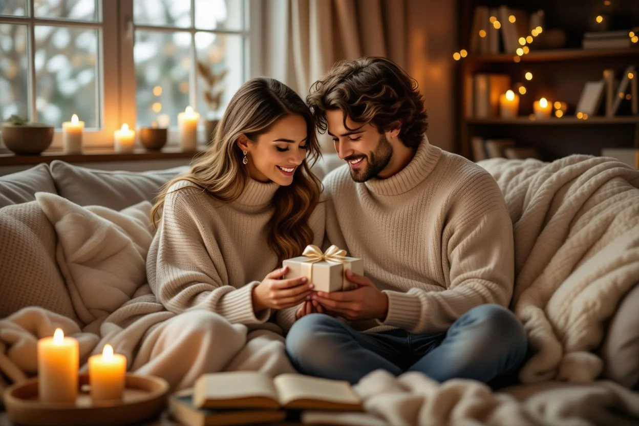 Couple enjoying intimate everyday gift exchange moment at home in cozy living room setting