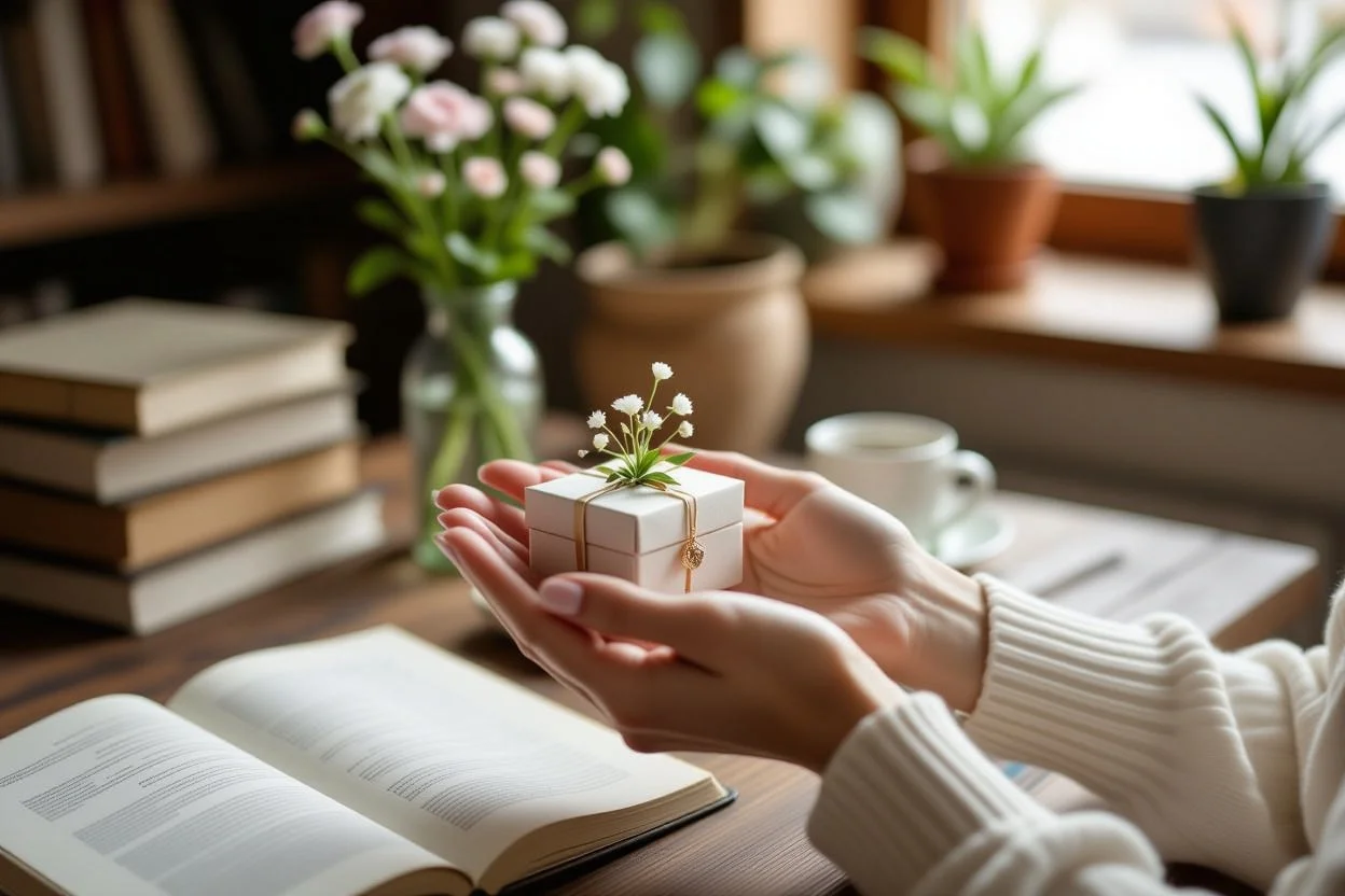 Close-up of hands holding small thoughtful everyday gift showing personal appreciation and care