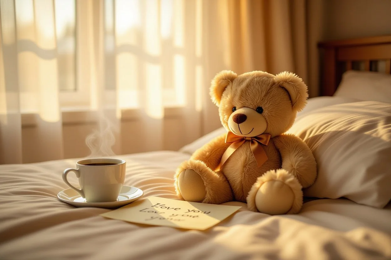 Romantic teddy bear gift on bed with love note and coffee for everyday romance