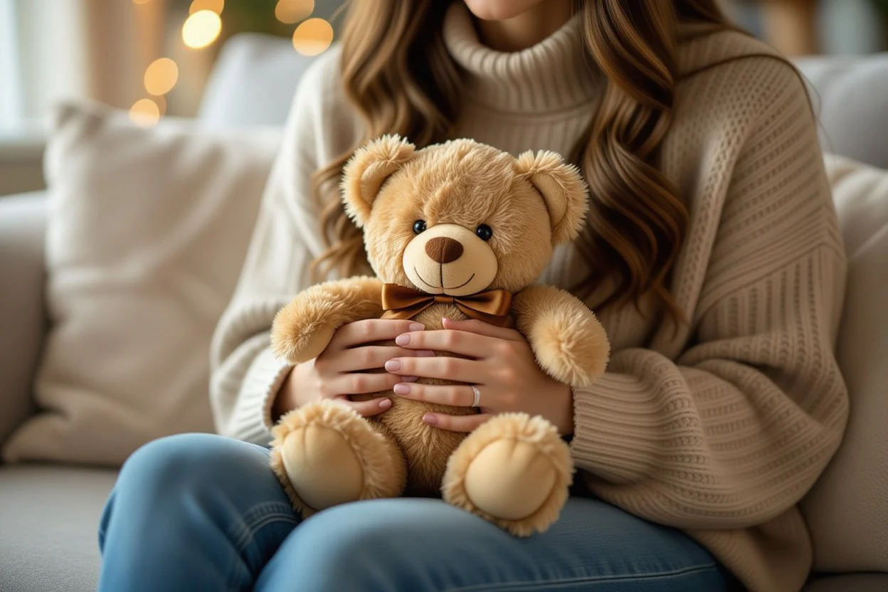 Woman holding romantic teddy bear gift in cozy home setting for everyday love