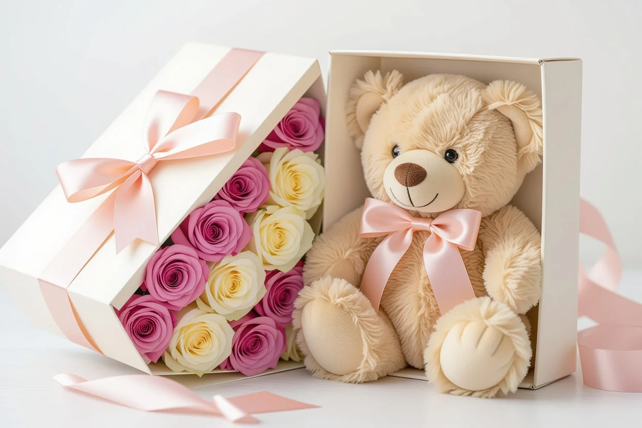 Romantic gift set with teddy bear and preserved roses for surprise romantic moments