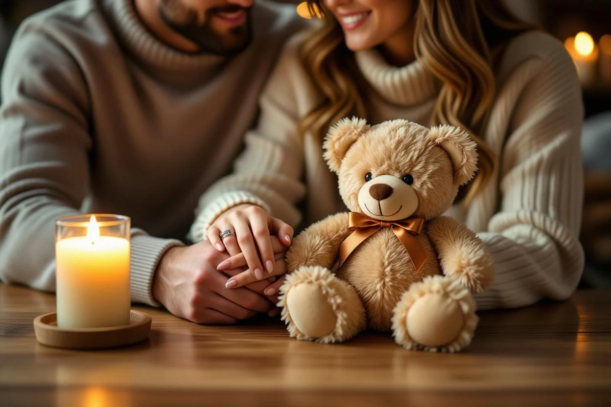 Couple holding hands with romantic teddy bear representing daily love and intimate moments