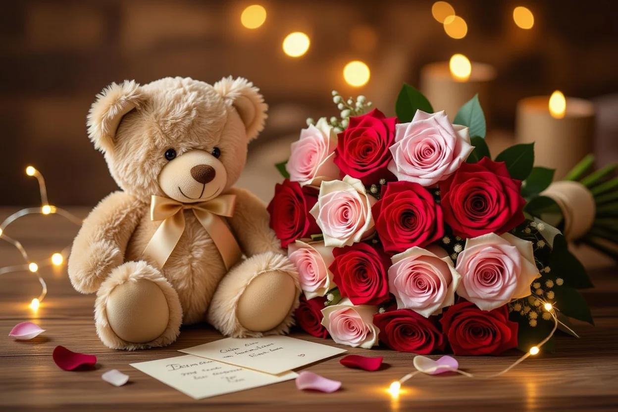 Romantic teddy bear gift with preserved roses and love notes on wooden table